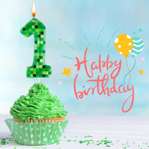 Pixel Miner Number 1 Birthday Candle - Green TNT Theme Cake Topper