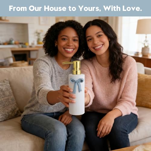 YAUKPH Light Blue Bow Soap Dispenser with Gold Pump - 8.5oz Bathroom Decor
