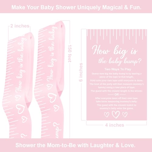 Pink Tummy Measure Baby Shower Game for Girl, Belly Measuring Tape, 2 Rolls