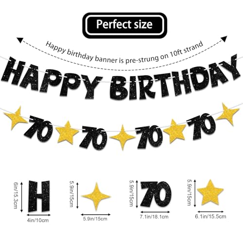 Black and Gold 70th Birthday Banner - Pre-Strung Party Decoration Sign