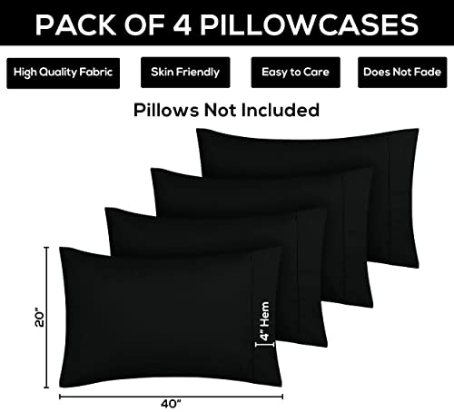 King Size Pillow Cases Set of 4, Ultra Soft Microfiber Covers - Black