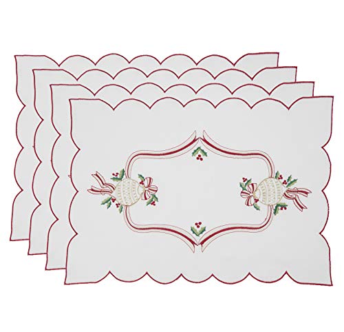 Christmas Placemats Set of 4 - 14 x 20 Inches Ivory Embroidered Holiday Decor