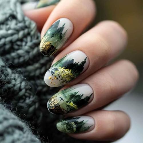 Green Press on Nails Medium Oval False Nails Forest Pine Tree Design 24Pcs