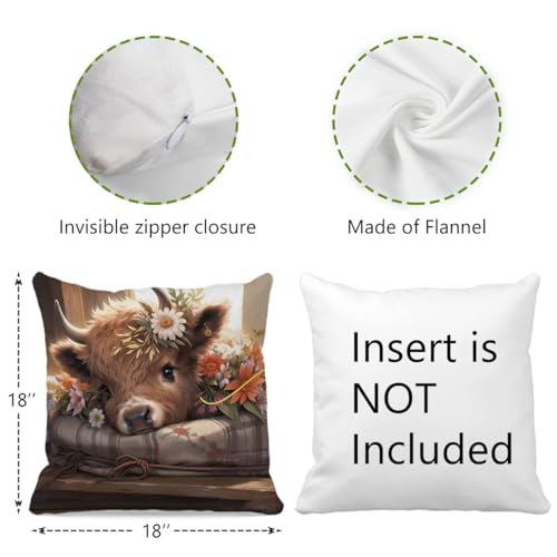 OFlich Highland Cow Pillow Cover 18x18 - Floral Spring Design