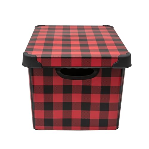 Checkered Design Holiday Storage Bin - Christmas Tote with Lid - Buffalo Plaid Organizer