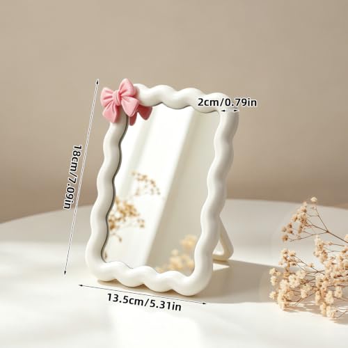 Wave Desktop Makeup Mirror with Adhesive Bow - White, 6.7x5.3 Inch