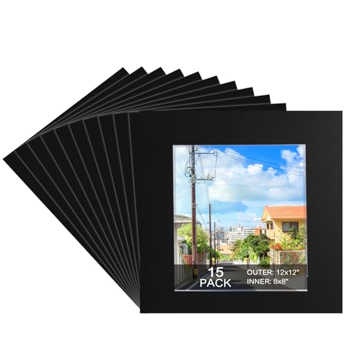15 Pack Black Picture Mats 12x12 for 8x8 Photos - Bevel Cut
