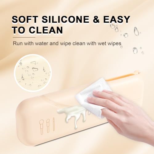 Silicone Makeup Brush Holder Travel Case - Beige Semi-Open Snap Design