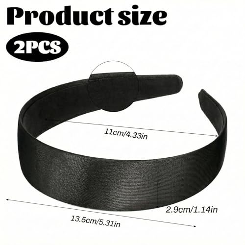 Black Satin Headbands 2 Pack, 1.1 Inch Wide Non-Slip Hair Bands
