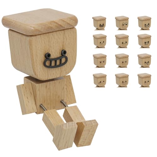 Wooden Rocking Doll Car Dashboard Ornament with 12 Interchangeable Emoji Faces and Spring Legs