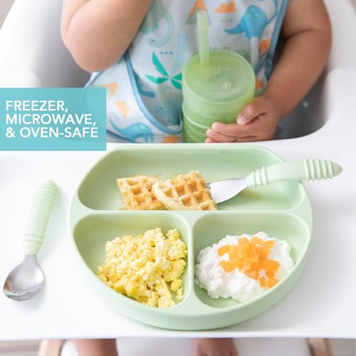 Bumkins Silicone Suction Plate - Divided Grip Dish for Toddlers (Gray/Sage)