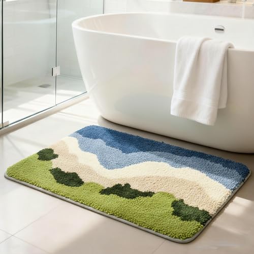 LICOZYVE Blue Beach Microfiber Bath Mat, 1'4" x 1'11" Absorbent Non-Slip Rug