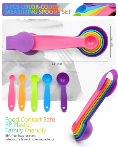 leepiya Measuring Spoons Set of 5, Color Coded Plastic with Fade-Proof Raised Markings