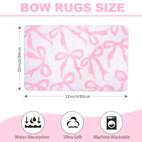 Pink Bow Bath Mat - Non-Slip, Absorbent & Washable Rug for Bathroom, Kitchen & Bedroom (20 x 32 inches)