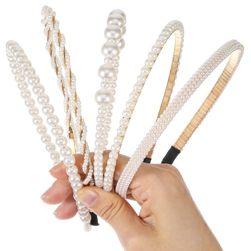 Bremorou 5 Pack Faux Pearl Headbands for Women Non Slip Hair Hoops