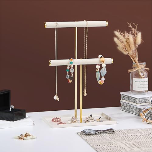 2-Tier Velvet Jewelry Organizer Stand with Metal Tray - Gold