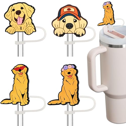 Golden Retriever Silicone Straw Covers 4PCs - Playful Dog-Themed Drink Toppers