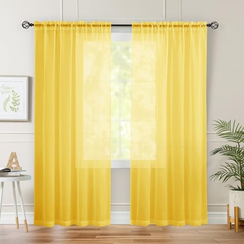 Karseteli Yellow Semi Voile Sheer Curtains 42" W x 84" L - 2 Panels