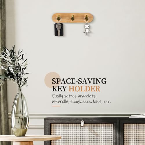 Nekon Bamboo Wall Key Holder with Gold Hooks - Small Adhesive Rack