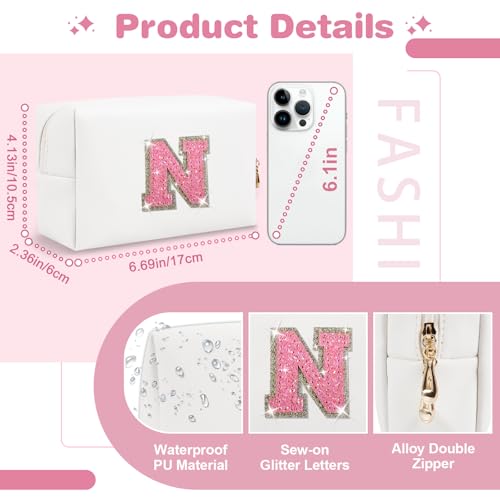 ChaoGreat Personalized Initial Makeup Bag - White PU Leather Glitter Letter Toiletry Pouch