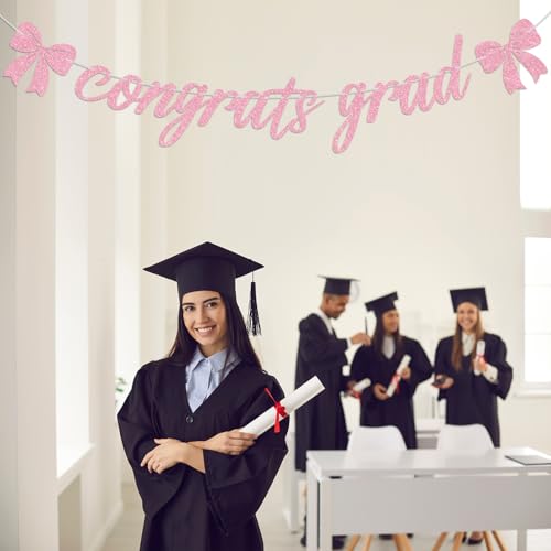 Pink Glitter Congrats Grad Banner for 2026 Graduation Parties