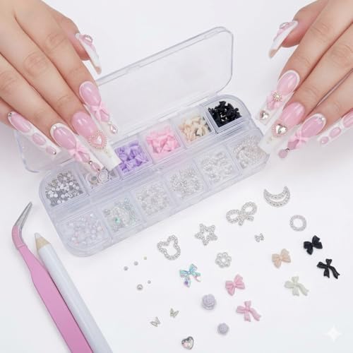 3D Mixed Nail Art Charms Kit with Rhinestones Bows and Pearls for DIY Manicures