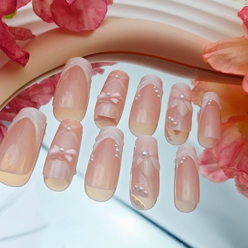 White French Tip Press On Nails Medium Square 3D Flower Bow False Nails
