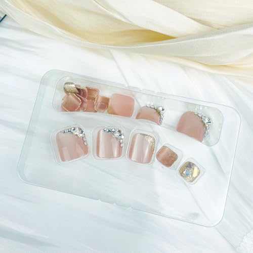 Glitter Press On Toe Nails Short Square Fake Toenails with Rhinestones