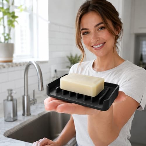 Bathway Silicone Soap Dish - Self-Draining Bar Soap Holder, Black (2 Pack)