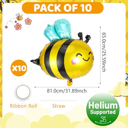 Bee Foil Balloons - 10 Pack Large Mylar Bee Decorations for Parties