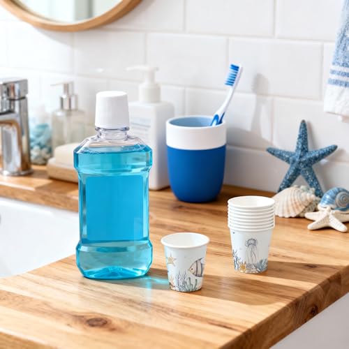 WRAPAHOLIC 3oz Disposable Bathroom Cups - Blue Seafish, 100 Pack