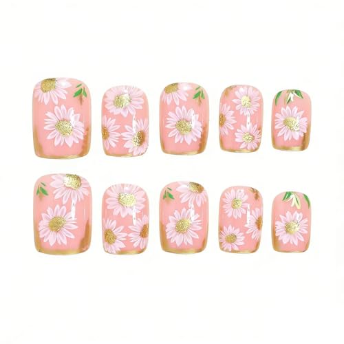 Short Square Press on Nails Cute Daisy Flower Glossy Fake Nails 24Pcs