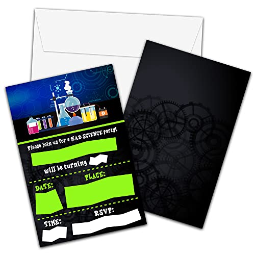 Mad Science Birthday Party Invitations with Envelopes, 20 Pack