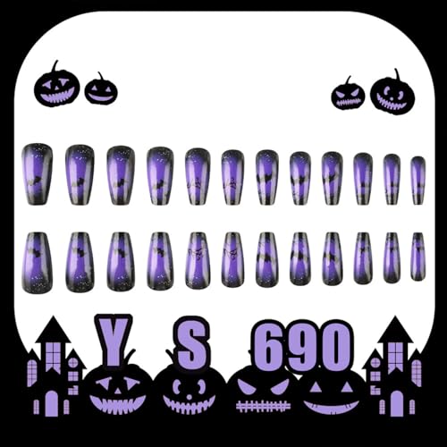 Halloween Press on Nails Black Purple French Tip Bat False Nails
