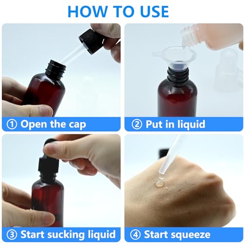 AskBed 4 Pack 2 Oz Amber Plastic Dropper Bottles with Funnels