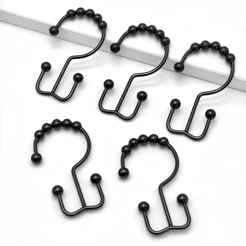 Cerpourt Black Metal Shower Curtain Hooks 12 Pcs Rustproof Double Rings