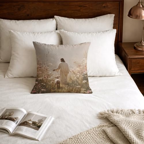 White Jesus and Lamb Pillow Cover 18x18 Christian Religious Home Decor