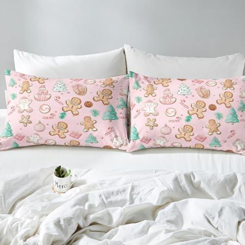 Pink Gingerbread Man Duvet Cover Set Twin No Comforter - Christmas Bedroom Decor