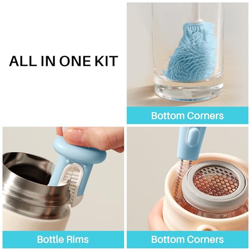 JOYMOOP Silicone Bottle Brush & Straw Cleaner Set - Blue, 3-in-1 Washer