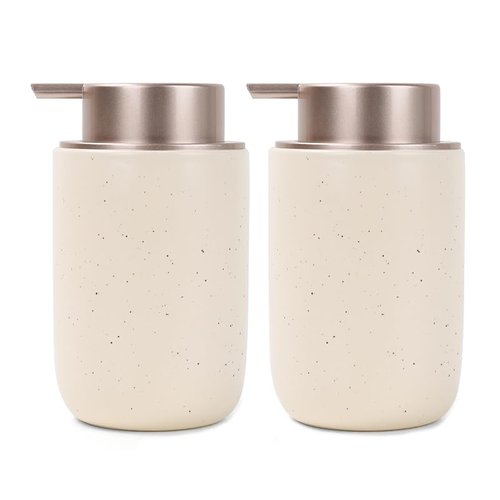 BosilunLife Apricot Soap Dispenser Set - 2 Pack 12oz Ceramic Dish Soap Dispenser with Rust Proof Pump for Kitchen, Hand Soap and Lotion Set Suitable for Farmhouse Bathroom Decor with Waterproof Labels