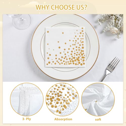 Elegant 80 Pack 3-Ply Gold Cocktail Napkins - 5" White with Gold Foil Dots
