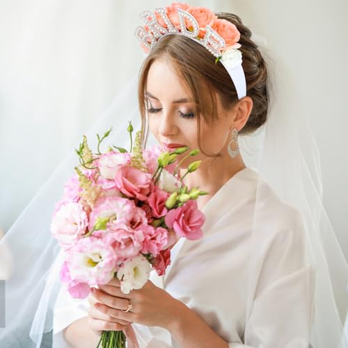 AMCAMI Bride Headband with Pearls and Pink Roses for Bachelorette Party