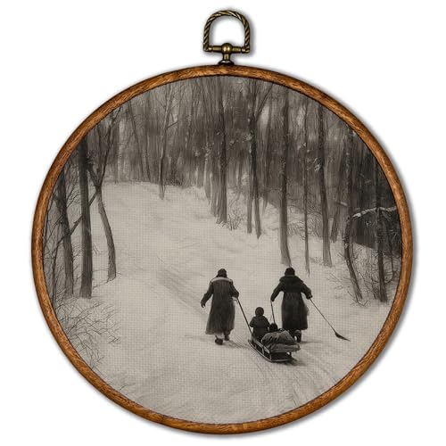 KSDUT Vintage Winter Snowy Sleigh Framed Round Wall Art 10"x10"