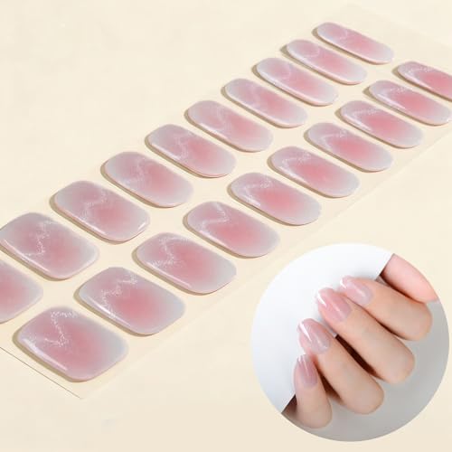 WOKOTO Semi Cured Gel Nail Strips Transparent Pink Cat Eye UV Wraps