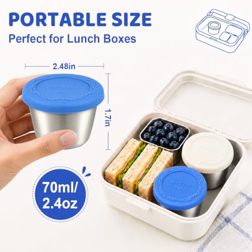 HOMEAVA 2.4oz Leakproof Stainless Steel Salad Dressing Containers - 6 Pack with Silicone Lids for Lunch, Travel, Picnic, Meal Prep