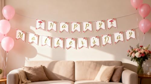 Happy Mother's Day Floral Banner with Gold Glitter Letters