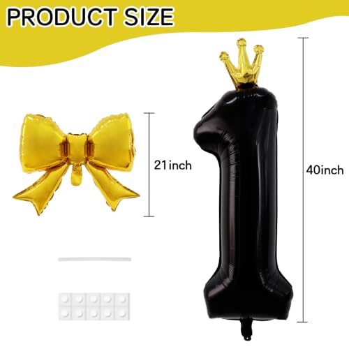 40 Inch Black Crown Number Balloon with Gold Bow for Birthday Decor