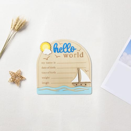 Baby Announcement Sign 5.9 Inch Wooden Hello World Newborn Sign with Pen