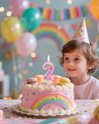 Number 2 Birthday Candle - Pink Macaron Glitter Cake Topper for 2nd Birthday