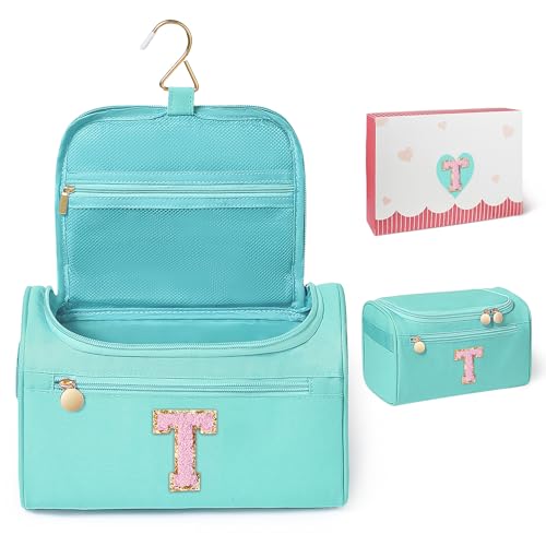 COSHAYSOO Initial Hanging Travel Toiletry Bag Preppy Teal Blue Letter T